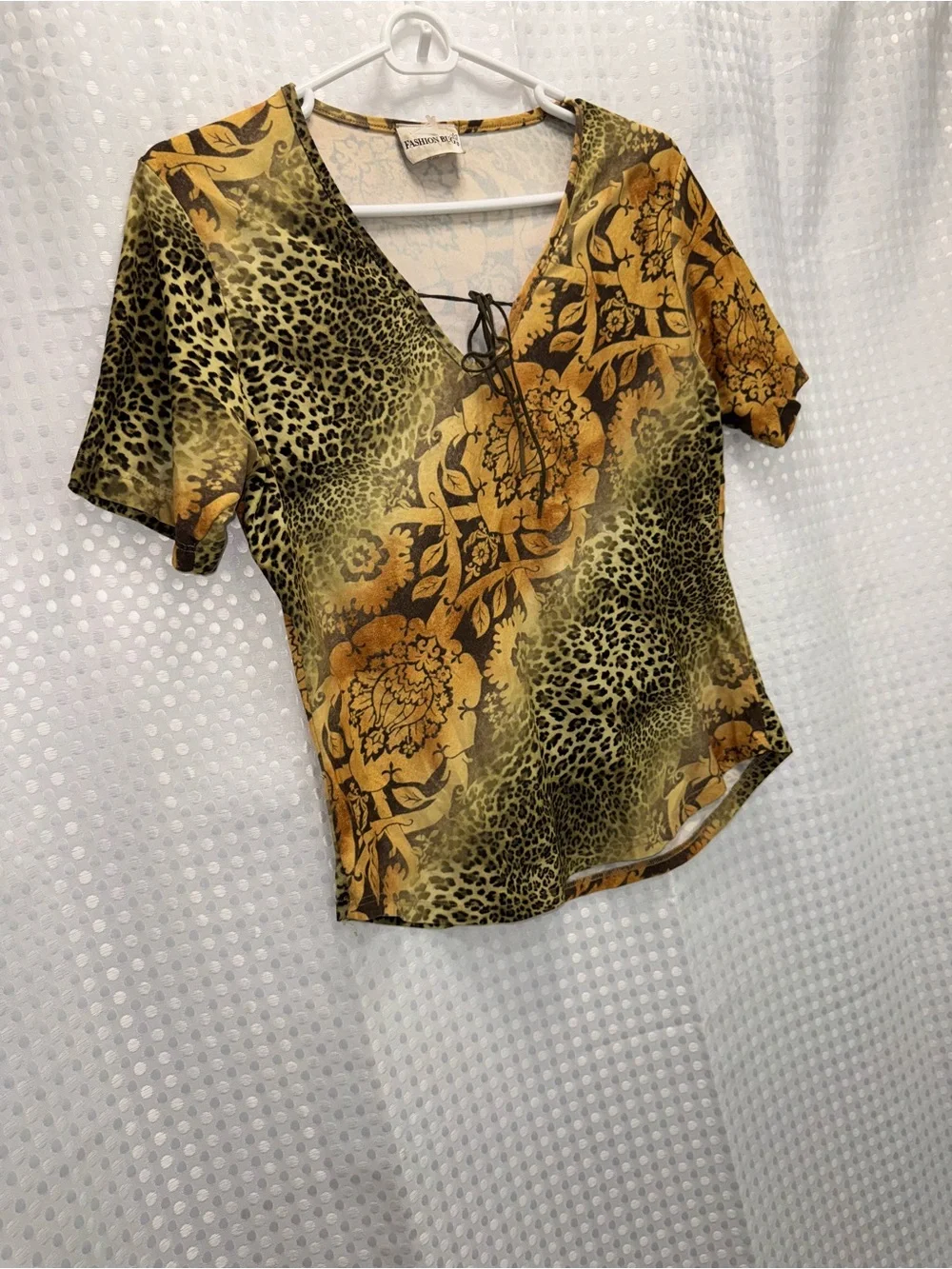 Fashion Bug Vintage Floral & Animal Cheetah Print Lace-Up Women's Blouse Mustard